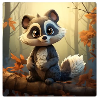 Cartoon animal raccoon on autumn background. Selective soft focus.