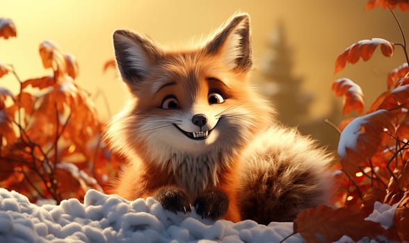 Cartoon animal fox in a winter landscape. Selective soft focus.