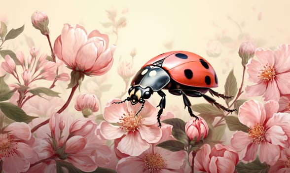 Colorful beetle on flowers on a white background. Selective soft focus.