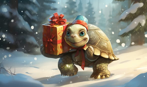 Cartoon animal turtle walks through the winter forest. Selective soft focus.