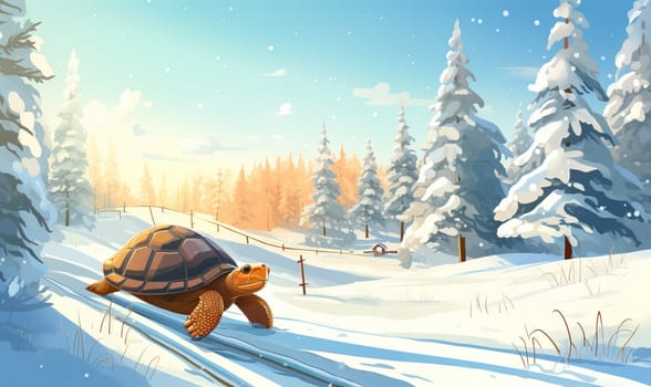 Cartoon animal turtle walks through the winter forest. Selective soft focus.
