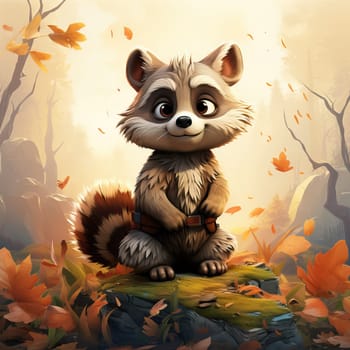 Cartoon animal raccoon on autumn background. Selective soft focus.