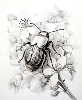 Black and white image of a beetle on flowers. Selective soft focus.