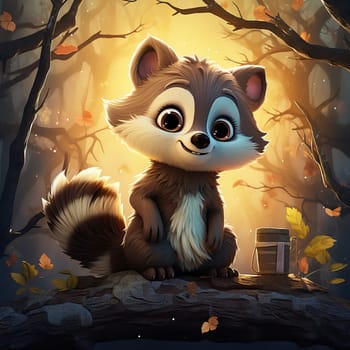 Cartoon animal raccoon on autumn background. Selective soft focus.