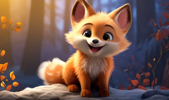 Cartoon animal fox in a winter landscape. Selective soft focus.