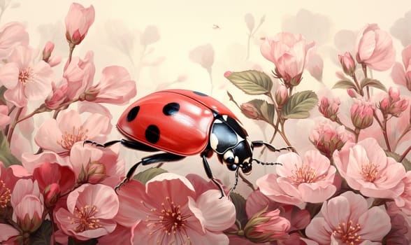 Colorful beetle on flowers on a white background. Selective soft focus.