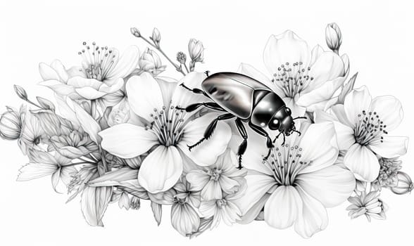 Black and white image of a beetle on flowers. Selective soft focus.
