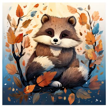 Cartoon animal raccoon on autumn background. Selective soft focus.