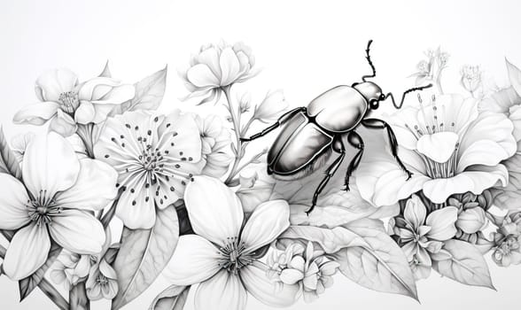 Black and white image of a beetle on flowers. Selective soft focus.