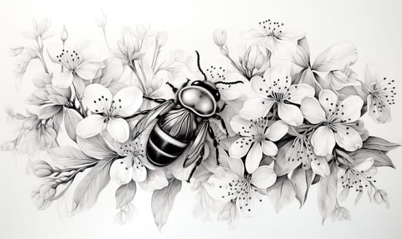 Black and white image of a bee on flowers. Selective soft focus.