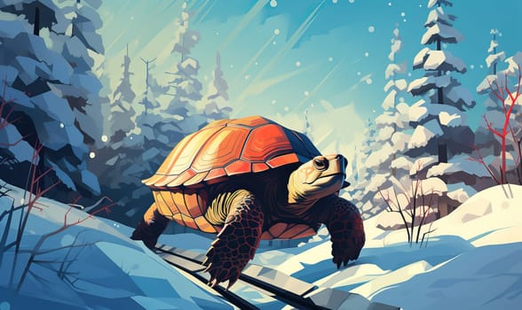 Cartoon animal turtle walks through the winter forest. Selective soft focus.