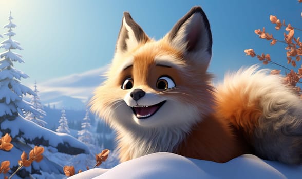 Cartoon animal fox in a winter landscape. Selective soft focus.