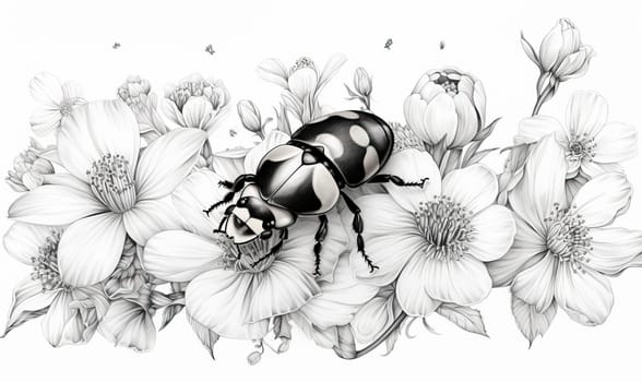 Black and white image of a bee on flowers. Selective soft focus.