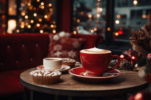 Coffee or Hot drink on table in house. Christmas festival concept. Generative AI.