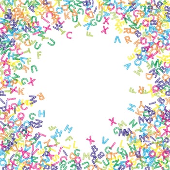 Falling letters of English language. Colorful sketch flying words of Latin alphabet. Foreign languages study concept. Extra back to school banner on white background.