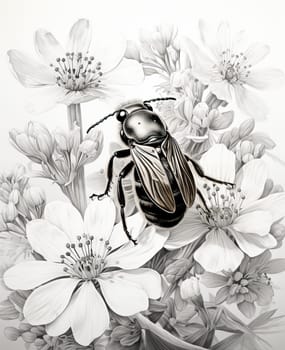 Black and white image of a beetle on flowers. Selective soft focus.