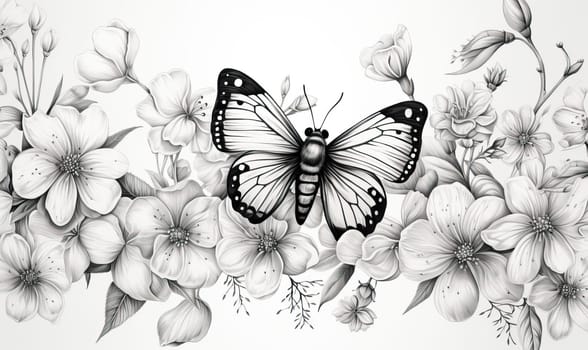 Black and white image, butterfly on flowers. Selective soft focus.