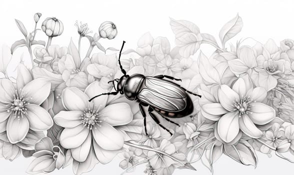 Black and white image of a beetle on flowers. Selective soft focus.