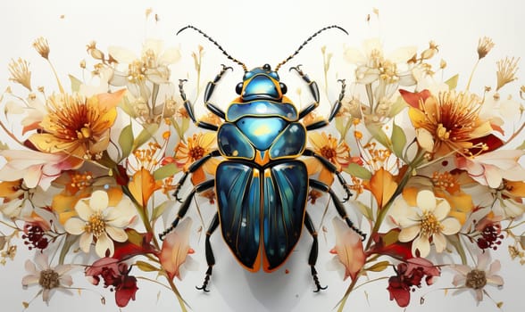 Colorful beetle on flowers on a white background. Selective soft focus.