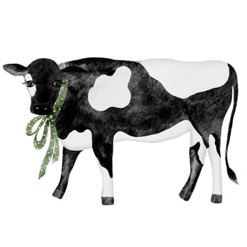 Watercolor drawing, black and white cow with a green bow. Cute illustration for printing on children's educational cards, textiles and tableware. For posters and stickers for boys and girls. High quality illustration