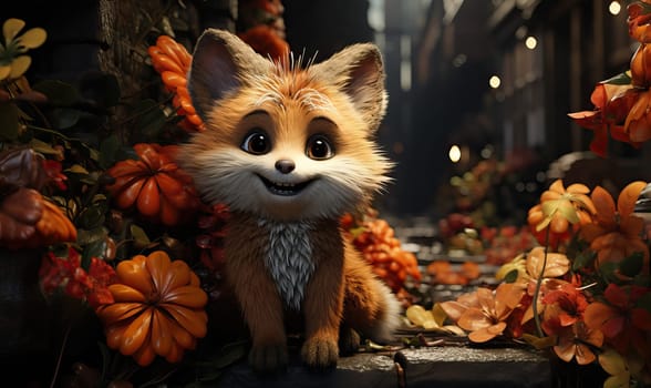 Cartoon animal fox on autumn background. Selective soft focus.