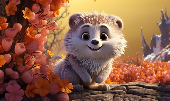 Cartoon animal hedgehog on autumn background. Selective soft focus.