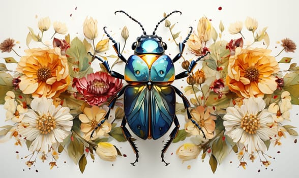 Colorful beetle on flowers on a white background. Selective soft focus.