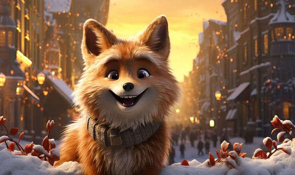 Cartoon animal fox in a winter landscape. Selective soft focus.