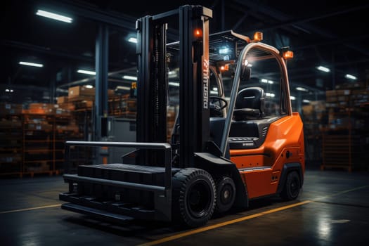 forklift truck in warehouse. Logistics and distribution center for product delivery. Generative AI.