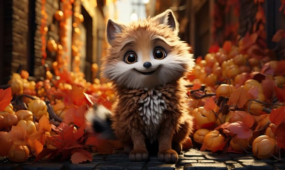 Cartoon animal fox on autumn background. Selective soft focus.