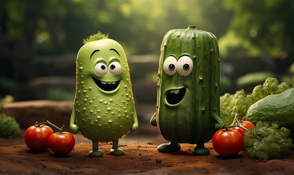 3D cartoon vegetables talking to each other. Selective soft focus.