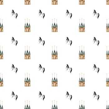 seamless hand-drawn pattern with vintage unicorn magic castle. Elegant pattern for printing on children's linens, pajamas, and packaging for children's clothing. Vintage unicorn in cartoon style on white background. High quality illustration