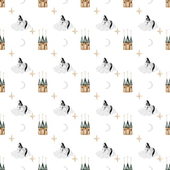 seamless hand drawn pattern with vintage unicorn clouds moon stars and magic castle. Elegant pattern for printing on children's linens, pajamas, and packaging for children's clothing. Vintage unicorn in cartoon style on white background. High quality illustration