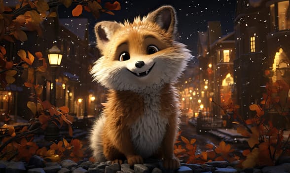 Cartoon animal fox on autumn background. Selective soft focus.