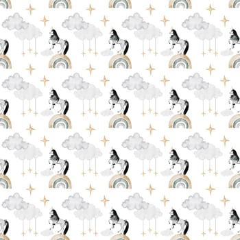 seamless hand-drawn pattern with vintage unicorn clouds rainbow stars. Elegant pattern for printing on children's linens, pajamas, and packaging for children's clothing. Vintage unicorn in cartoon style on white background. High quality illustration