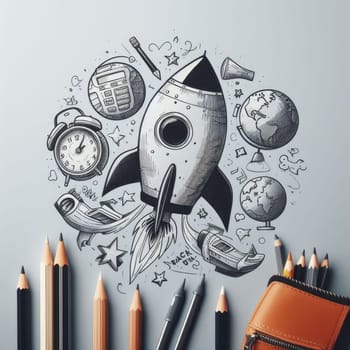 Back To School - Rocket With Colorful Pencils And Blackboard - Startup Concept.
