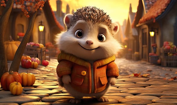 Cartoon animal hedgehog on autumn background. Selective soft focus.