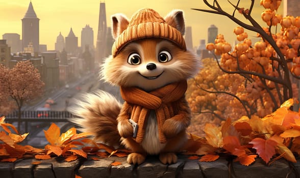 Cartoon animal fox on autumn background. Selective soft focus.