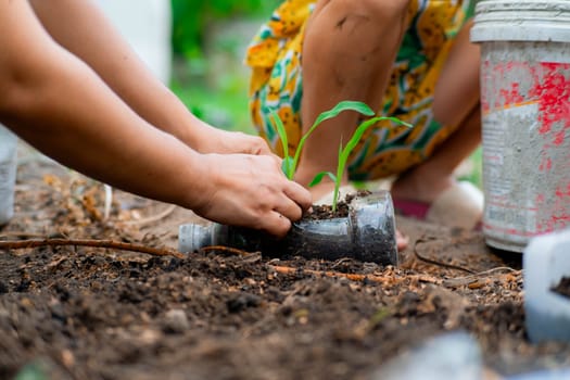 Little girl and mom grow plants in pots from recycled water bottles in the backyard. Recycle water bottle pot, gardening activities for children. Recycling of plastic waste