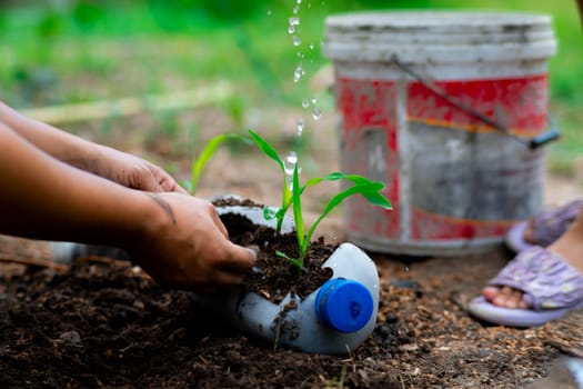 Little girl and mom grow plants in pots from recycled water bottles in the backyard. Recycle water bottle pot, gardening activities for children. Recycling of plastic waste