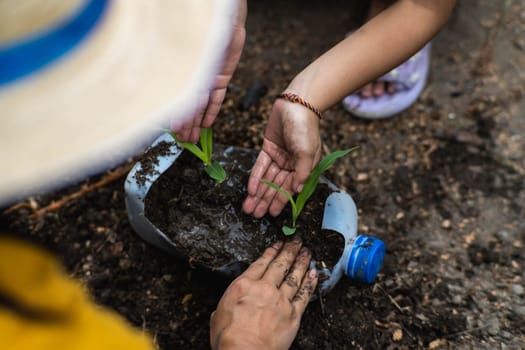 Little girl and mom grow plants in pots from recycled water bottles in the backyard. Recycle water bottle pot, gardening activities for children. Recycling of plastic waste