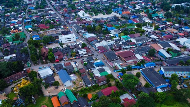 Drone aerial view of Pai village located in Mae Hong Son province in northern Thailand.