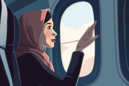 airliner woman seat character cabin plane airline illustration journey female young passenger flight porthole inside trip window voyage holiday transport transportation. Generative AI.