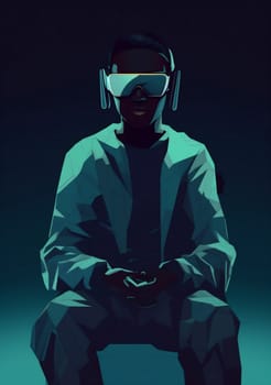 man cyber technology neon gadget abstract entertainment vr virtual headset head digital play futuristic visual goggles gaming device glasses game human. Generative AI.