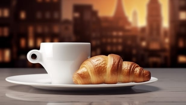 bread food pastry hot drink bakery cup cappuccino fresh morning tower breakfast french bar drink table background paris france dessert croissant. Generative AI.