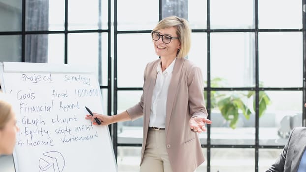 Beautiful young businesswoman writing on blank whiteboard in office