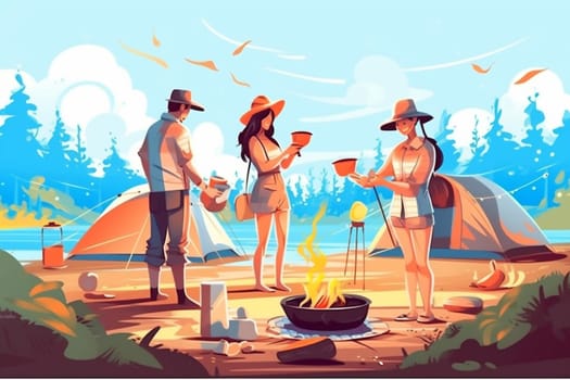 trekking woman retired grandmother couple person fitness summer nature elderly senior grandfather active cartoon happy hike walking backpack old hiking. Generative AI.
