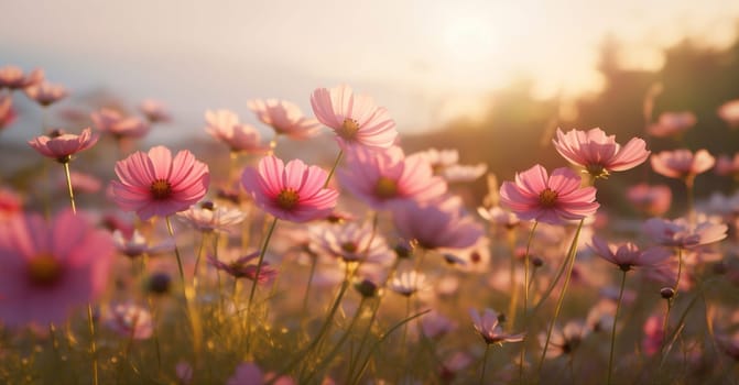 blooming background flower vivid autumn bloom outdoor garden beautiful white field vintage colorful violet nature summer sunset rural pink meadow plant. Generative AI.