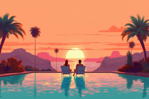man woman travel romance sunset couple back island vacation person relax pool resort sunrise romantic sun honeymoon ocean together swimming. Generative AI.