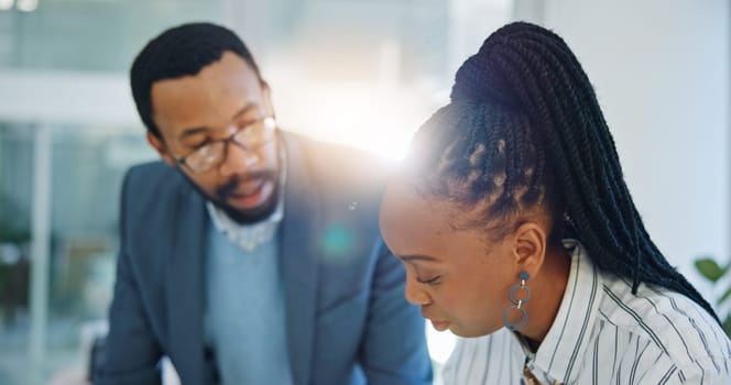 Collaboration, training and a business team planning in the office while talking about ideas together. Teamwork, communication or coaching with a mentor and employee in the workplace for discussion.